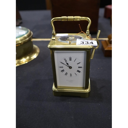 334 - Brass French repeater carriage clock stamped Brevetee, by Howell James & son, London, H: 13cm. UK P&... 