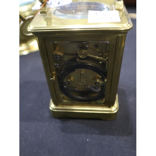 334 - Brass French repeater carriage clock stamped Brevetee, by Howell James & son, London, H: 13cm. UK P&... 