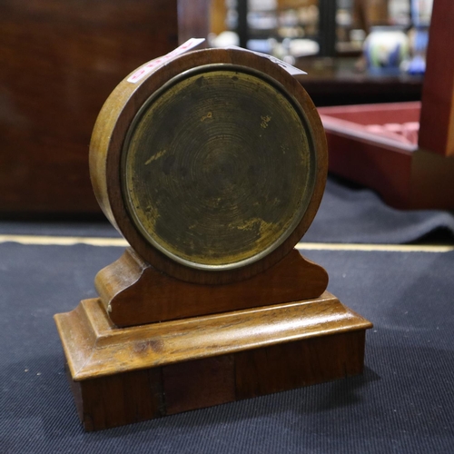 335 - French walnut table clock with key, working at lotting up. Not available for in-house P&P