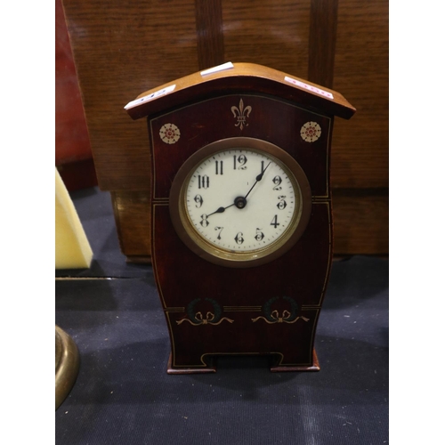 342 - Inlaid Art Nouveau mantel clock, working at lotting up. 20cm H. Not available for in-house P&P