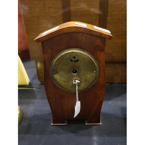 342 - Inlaid Art Nouveau mantel clock, working at lotting up. 20cm H. Not available for in-house P&P