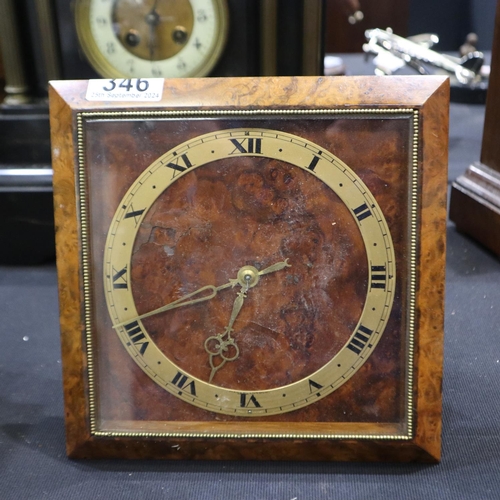 346 - Burr walnut framed, brass drum clock on an easel stand, 20cm square, working at lotting up. UK P&P G... 