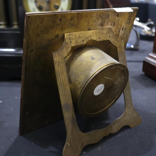 346 - Burr walnut framed, brass drum clock on an easel stand, 20cm square, working at lotting up. UK P&P G... 