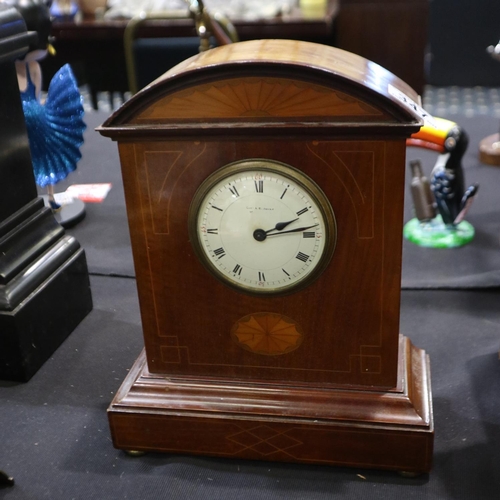 347 - Inlaid mahogany mantel clock raised on a plinth base, height 29cm. Not available for in house P+P.