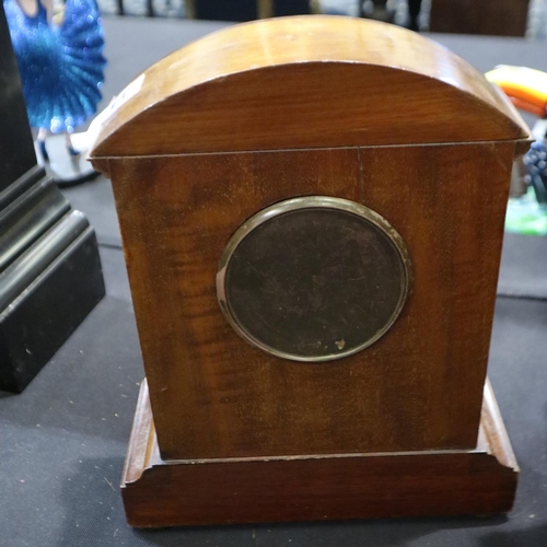 347 - Inlaid mahogany mantel clock raised on a plinth base, height 29cm. Not available for in house P+P.