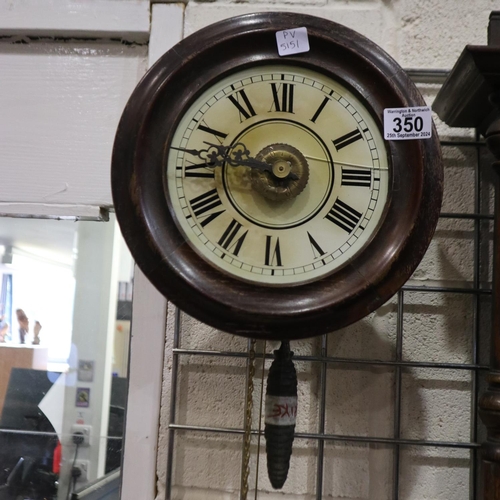 350 - Pine Postman's alarm clock, with weights and pendulum. Not available for in-house P&P