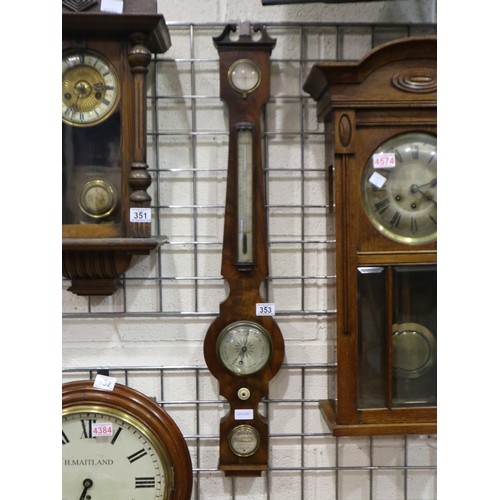 353 - A Regency flame mahogany small wheel barometer with break-arch pediment, hygrometer, thermometer and... 