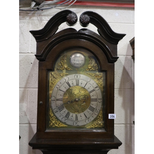 356 - George III mahogany long case clock with 45 cm brass and silvered dial, with corner mask and scroll ... 