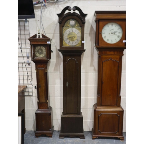 356 - George III mahogany long case clock with 45 cm brass and silvered dial, with corner mask and scroll ... 