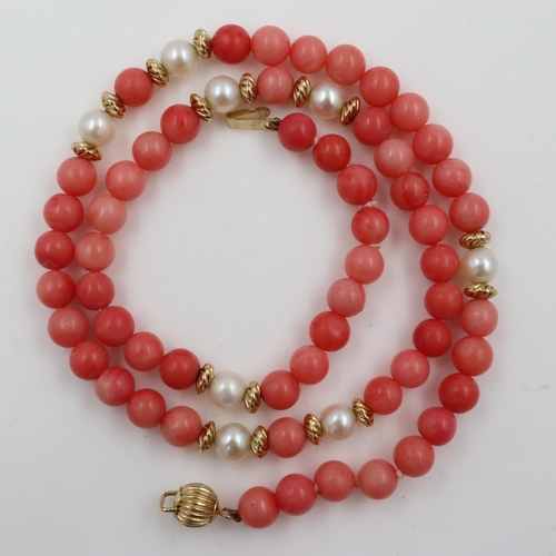 36 - Coral and pearl necklace, with 14ct gold clasp and spacers, L: 40 cm. UK P&P Group 0 (£6+VAT for the... 