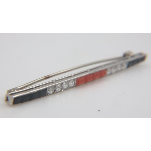 38 - Art Deco platinum coral and old cut diamond onyx bar brooch, 4.1g, L: 60 mm, unmarked. UK P&P Group ... 