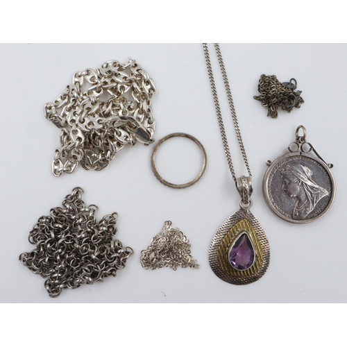 65 - Quantity of silver chains, a pendant, ring, and mounted Victoria coin, combined 69g. UK P&P Group 1 ... 