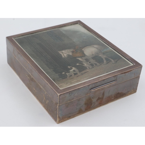 153 - Cedar lined hallmarked silver box, with horse and hounds William Raddon engraving, from a painting b... 