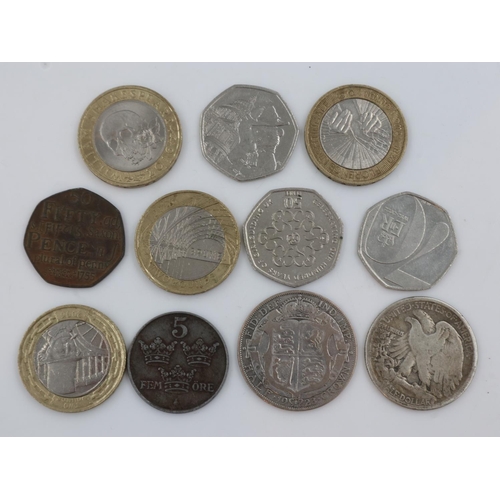 169 - Collectable coins, including four two pound coins, four fifty pence coins, 1923 half crown, 1918 USA... 