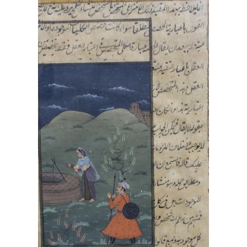 2011 - 19th century Mughal manuscript with painted gouache scene, woman at a well, looked-on by an admirer,... 