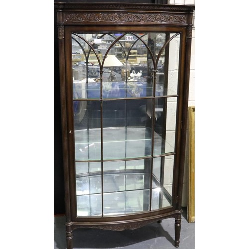 2102 - Substantial Edwardian mahogany glazed display cabinet with mirrored interior, two shelves and bowed ... 