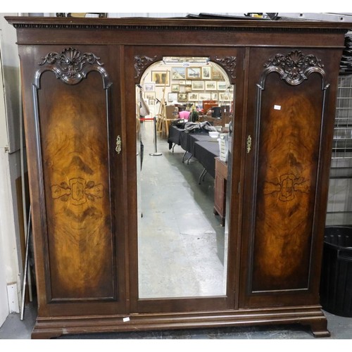 2159 - Substantial 19th century three door flame mahogany wardrobe, interior fitted with drawers and hangin... 