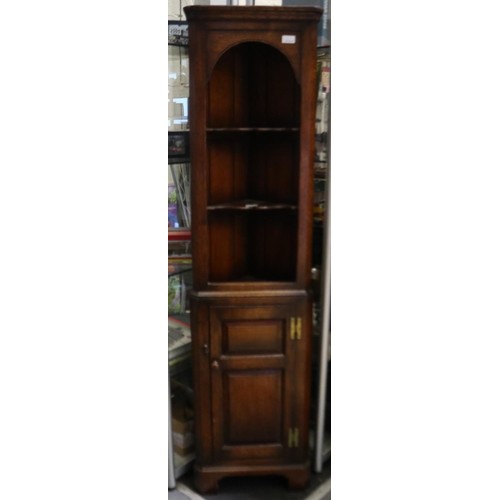 2170 - Oak slim profile floor standing corner cupboard with two open shelves, W: 43 cm, H: 168 cm. Not avai... 