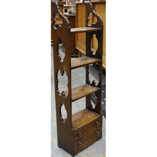 2181 - Reproduction oak wall hanging bookcase with two long drawers, 36 x 19 x 114 cm H. Not available for ... 