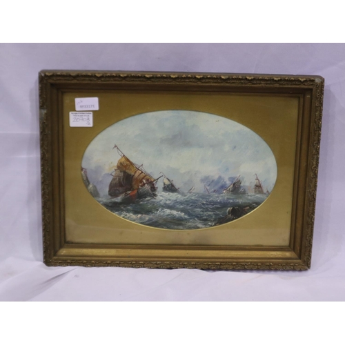 2070B - A pair of 19th century oils on board, ships in rough seas, unsigned, each oval mounted image 33 x 21... 