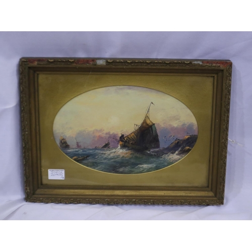 2070B - A pair of 19th century oils on board, ships in rough seas, unsigned, each oval mounted image 33 x 21... 