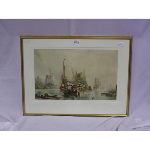 2076E - 19th century continental school watercolour, fishing boats in a harbour, unsigned, image 49 x 30cm, ... 