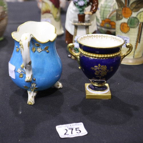 275 - Continental cream jug on tripod supports with Chelsea bird decoration with a twin handled cobalt blu... 