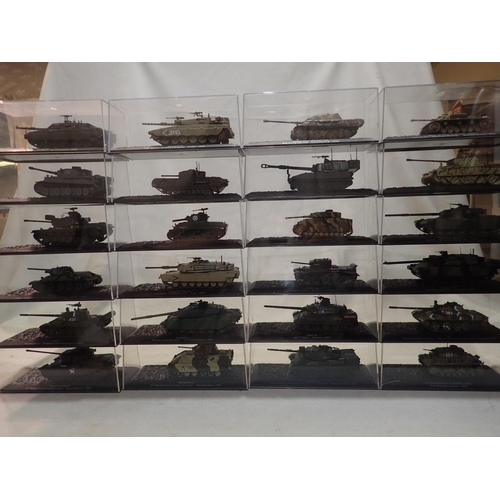 2025 - Twenty four Deagostini 1/72 scale tanks, all excellent condition in display cases. UK P&P Group 2 (£... 