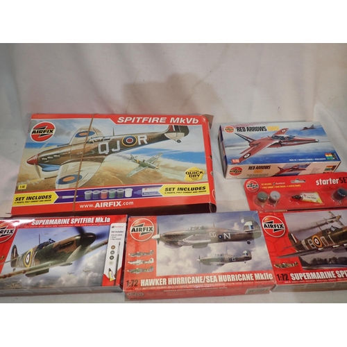 2036 - Five Airfix aircraft kits, 1/48 scale Spitfire, 1/72 scale Gnat, two Spitfire, and Hurricane, all ap... 