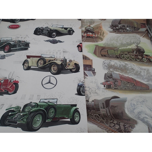 2091 - Vintage, embossed wall paper depicting classic race cars and British steam. UK P&P Group 1 (£16+VAT ... 