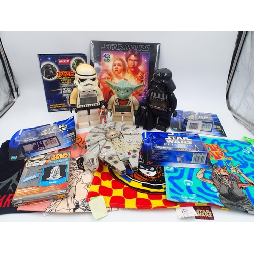 2113 - Star Wars Micro Machines, Tazo album, cloths, calendar and three Lego Star Wars alarm clocks. UK P&P... 