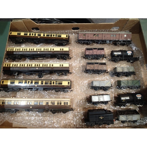 2219 - OO gauge, selection of five unboxed coaches including auto coach and ten wagons, also locomotive ten... 