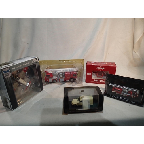 2233 - Five boxed diecast vehicles comprising: Skymax Jet Provost, two fire engines, farm improvement and N... 