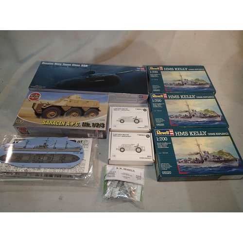 2235 - Nine military/naval plastic kits, including three Revell 1/700 scale HMS Kelly, Hobby Boss 1/350 sca... 