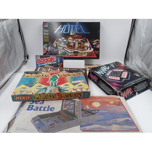 2240 - Seven boxed games to include Maniac by Ideal, Hotel by MB Games and a complete boxed Etch-a-Sketch. ... 