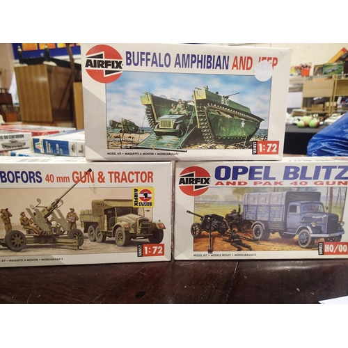 2292 - Three Airfix 1/72 scale military related kits, Buffalo Amphibian Opel Blitz and Bofors gun and tract... 