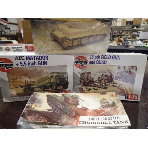 2293 - Four Airfix 1/72 scale military related kits, AEC Matador and gun, Tiger tank, field gun and quad, a... 