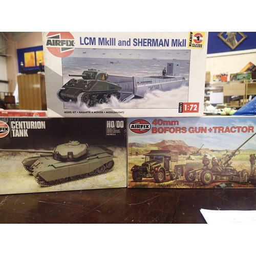 2294 - Three Airfix 1/72 scale military related kits, LCM and Sherman tank, Centurian tank, and Bofors gun ... 