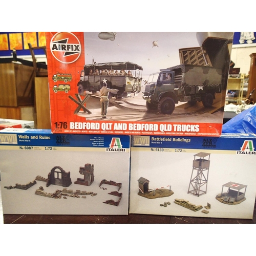 2295 - Three 1/72 scale military related kits, Airfix Bedford QLT and QLD trucks, Italeri walls and ruins, ... 