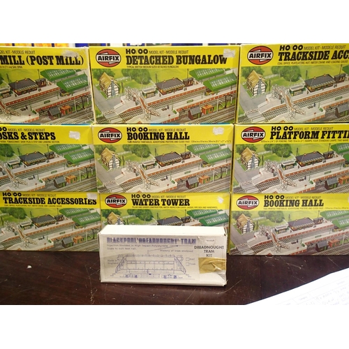 2300 - Nine Airfix railway related kits, windmill, bungalow, water tower, plus Dreadnought Blackpool tram k... 