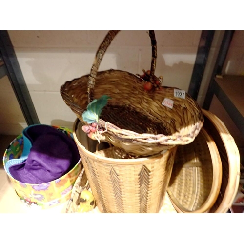 1037 - Mixed basket ware items to include a hat in a box. Not available for in-house P&P