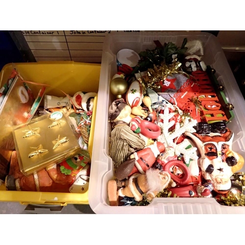 1046 - Two plastic storage tubs containing Christmas decorations. Not available for in-house P&P