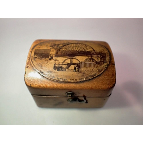 1054 - Mauchline Ware small thimble box, with the Isle Of Man Laxey Wheel decoration, good overall conditio... 