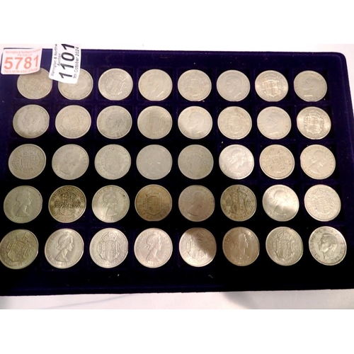 1101 - Tray of 40 circulated pre decimal half crowns. UK P&P Group 1 (£16+VAT for the first lot and £2+VAT ... 