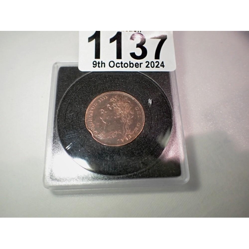 1137 - 1825 - farthing of king George IV. UK P&P Group 0 (£6+VAT for the first lot and £1+VAT for subsequen... 