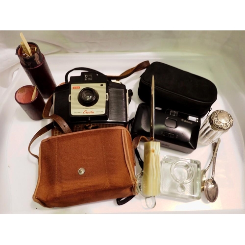 1145 - Mixed items, including camera's, silver topped glass and a vintage manicure set. UK P&P Group 2 (£20... 