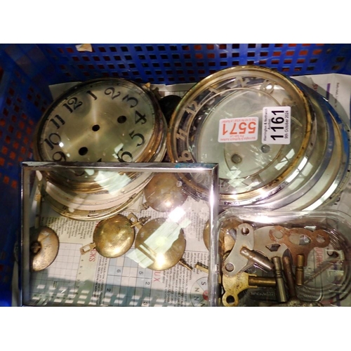 1161 - Tray of clock glasses, chapter rings, pendulums and keys. Not available for in-house P&P