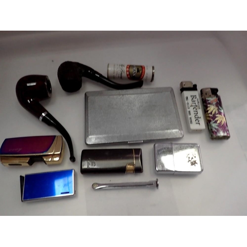 1176 - Box of mixed smoking ephemera, including lighters, pipes, pipe cleaner and cigarette case. UK P&P Gr... 