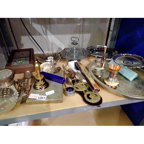 1201 - Shelf of mixed metalware. Not available for in-house P&P