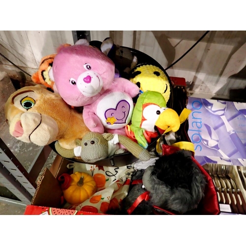 1206 - Halloween items and cauldron of soft toys with unicorn and yoda throws. Not available for in-house P... 